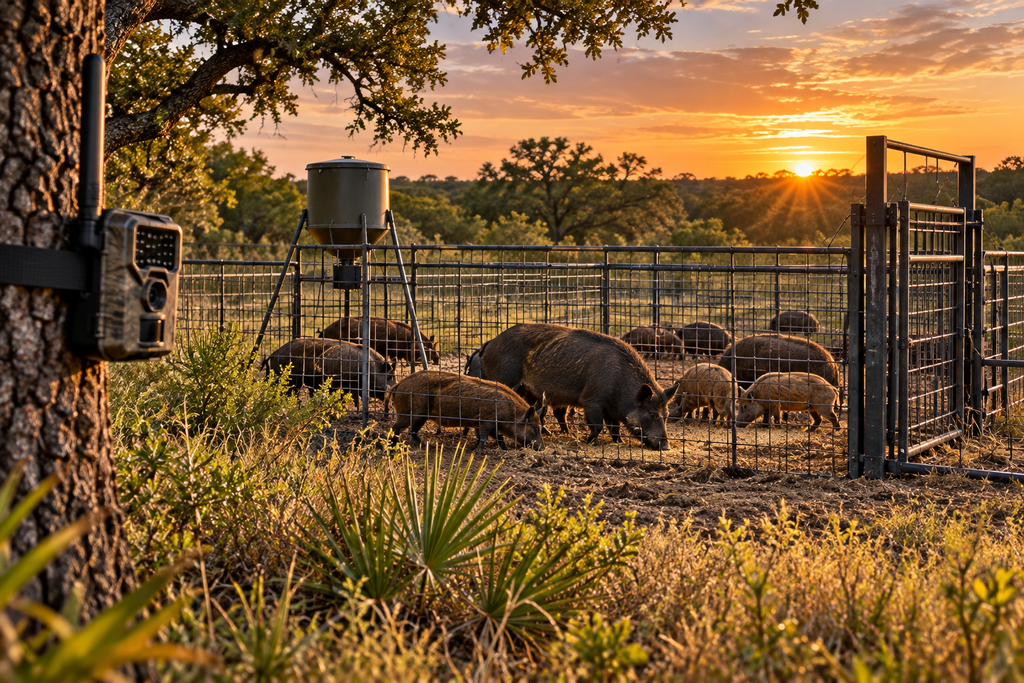 Wild pigs gathered inside a corral trap monitored by a trail camera.