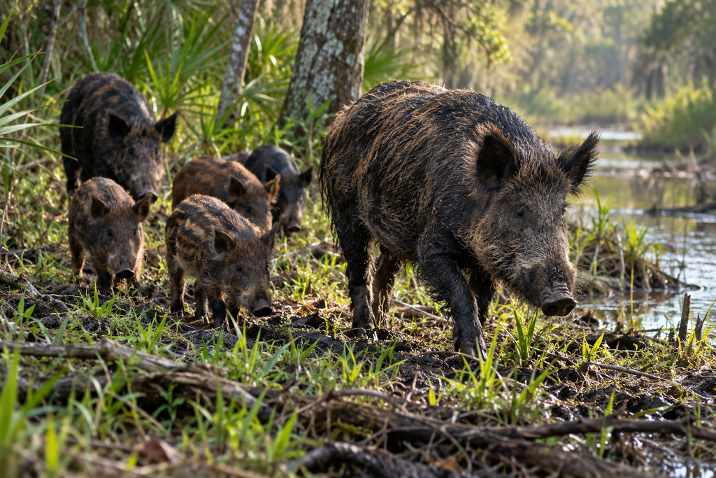 A sounder of wild pigs moving along a wooded wetland edge.