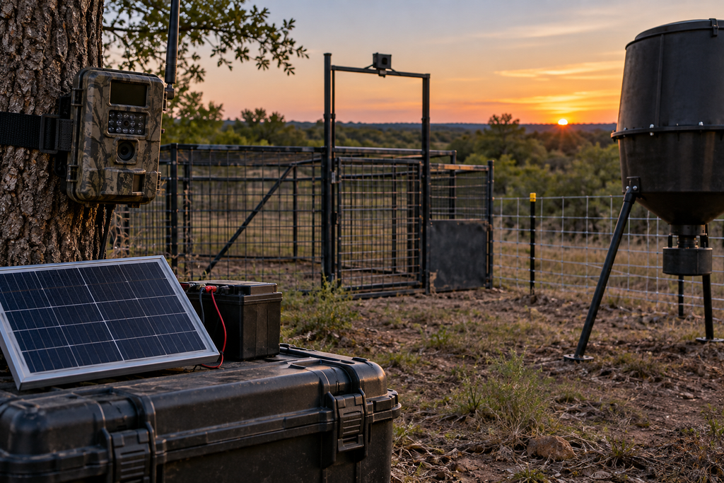 Trail camera, solar power, feeder and corral trap used for wild-pig monitoring and control.