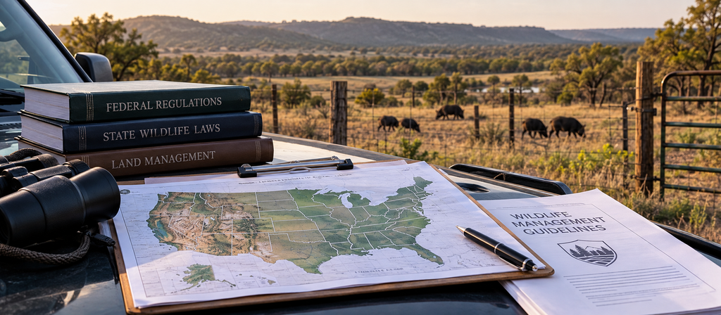 Wild pig management regulations, state wildlife laws and land management resources displayed with a U.S. map beside a fenced rural property.