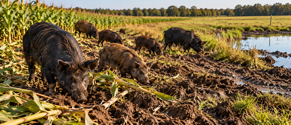 Wild pigs damaging crops and disturbed soil along an agricultural field.