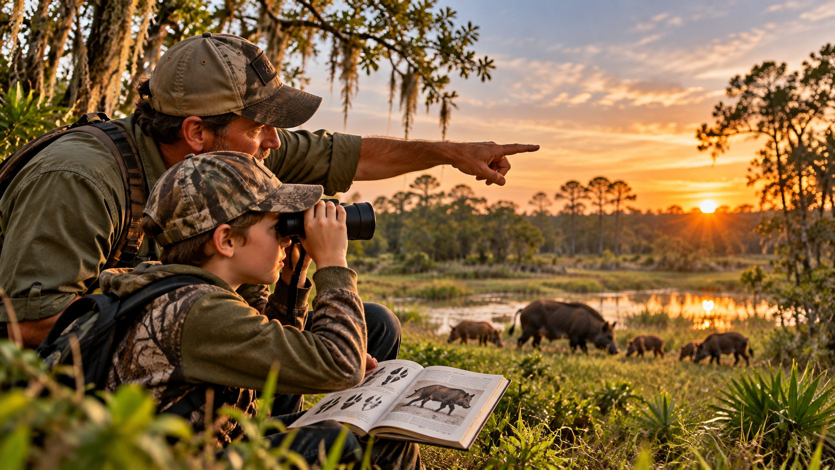 Adult and young wildlife observer studying wild pigs through binoculars in a wetland at sunset.
